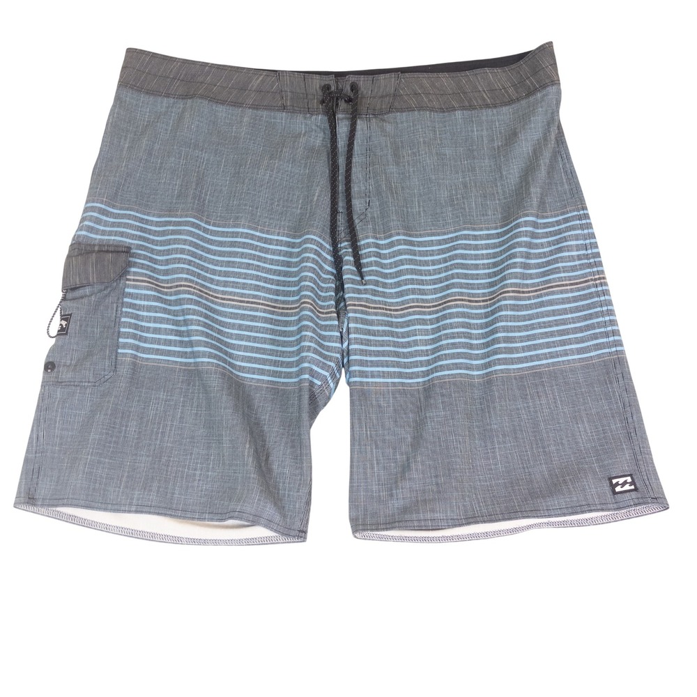 Billabong Men Grey Blue Striped Recycled Board Shorts Swim Trunks Size 40